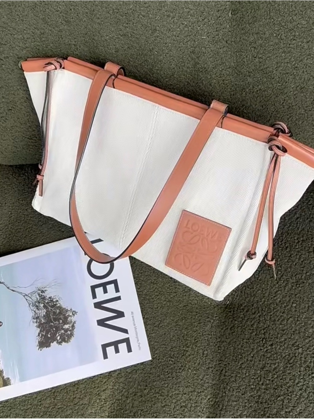 Authentic Loewe Paula’s Ibiza Anagram Tote Khaki Canvas with Tan Leather Trim